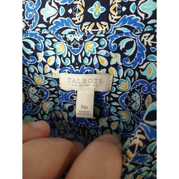 Talbots Blue Artsy Tie Collared Button Front Roll Tab Sleeve Blouse. Size MP - Picture 8 of 10